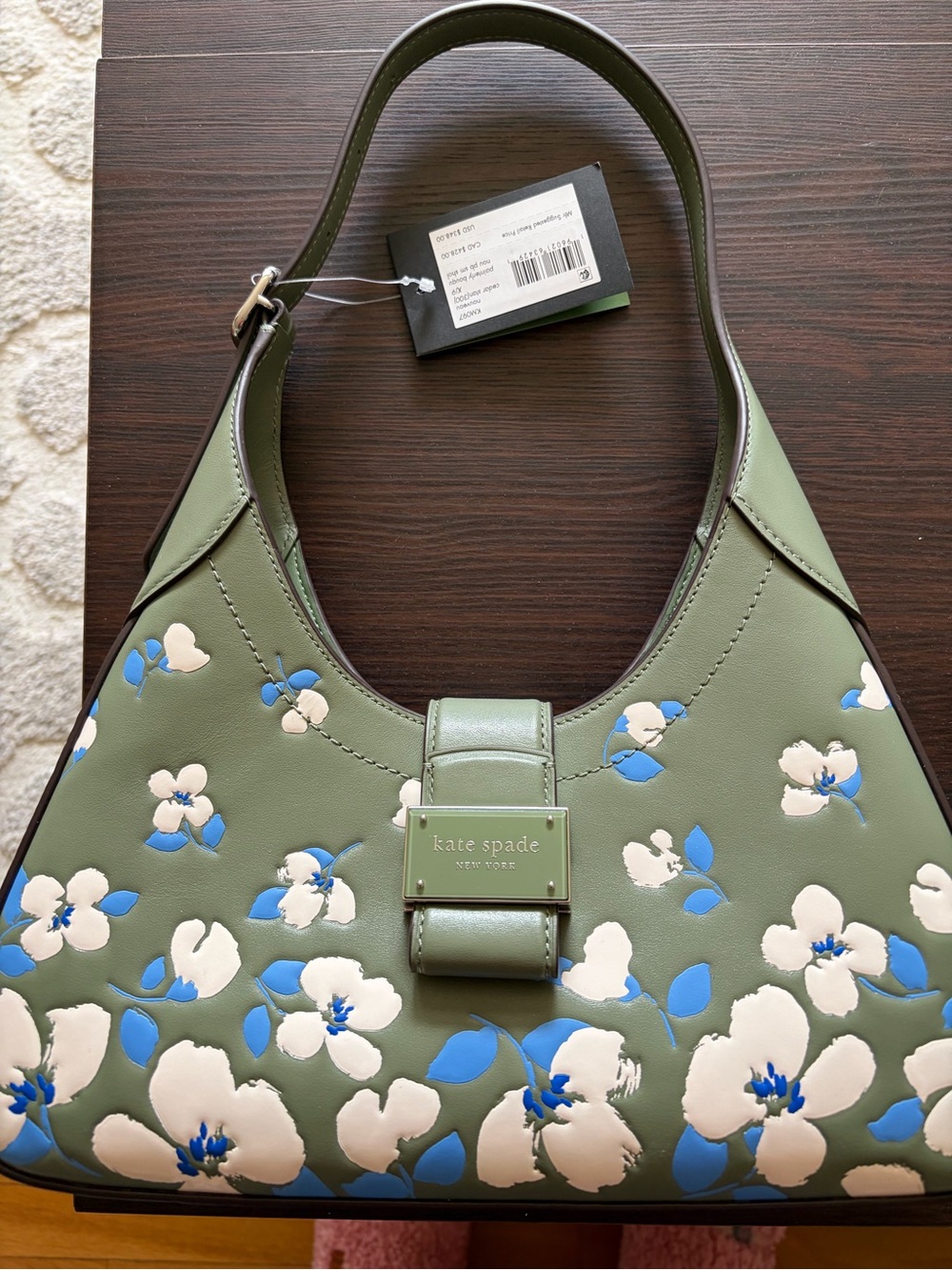 kate spade Olive Green Floral Shoulder Bag with Blue & Cream Accents